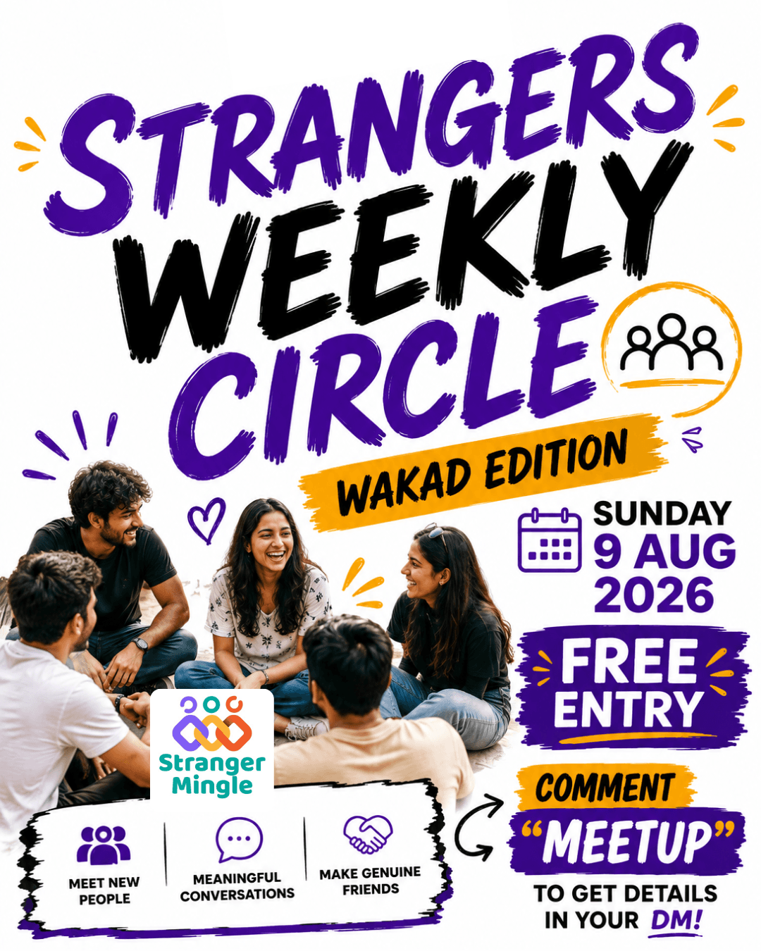 Strangers Meetup weekly circle event poster by Stranger Mingle.