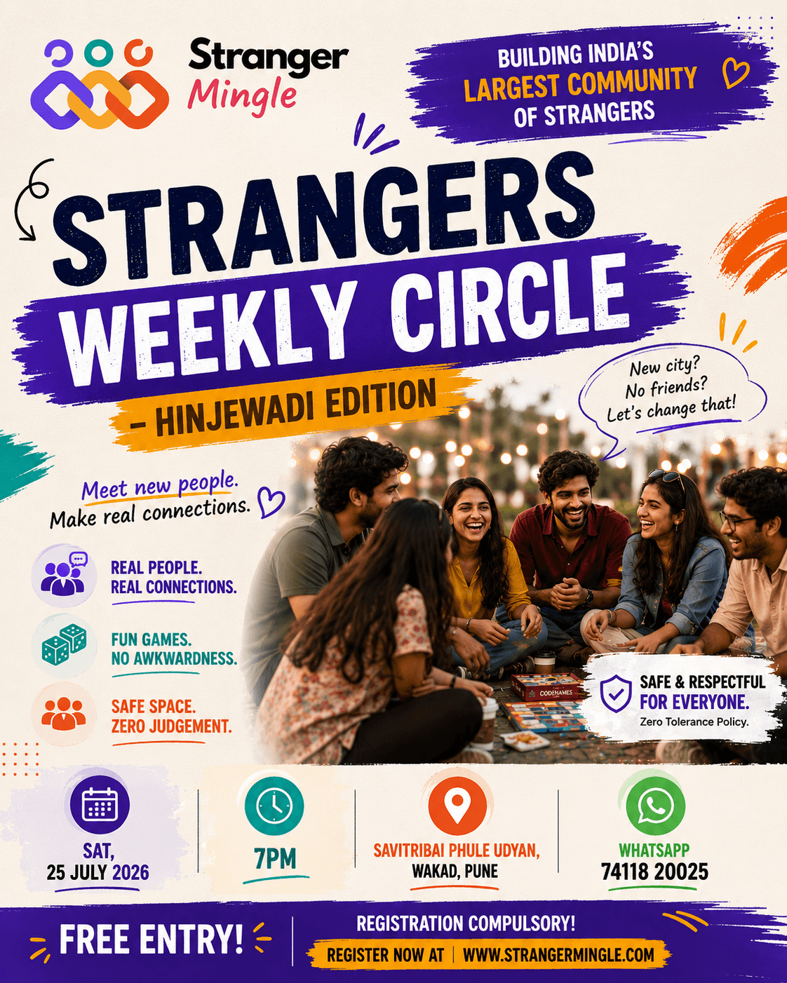 Strangers Meetup weekly circle event poster by Stranger Mingle.