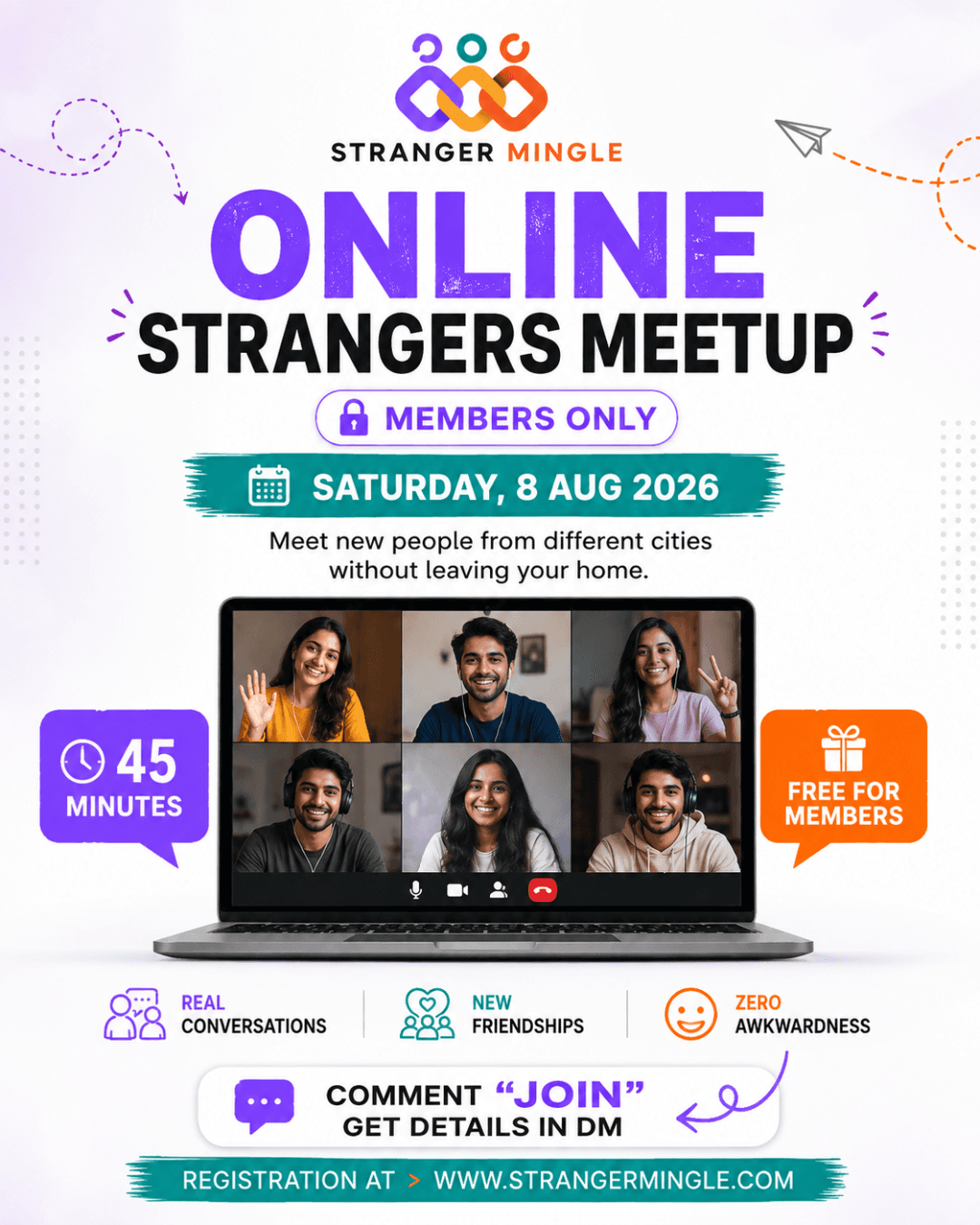 A poster of Stranger Mingle event. A online weekend event.