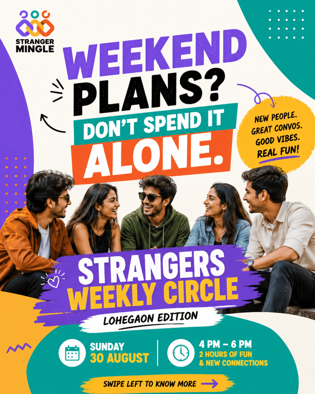A event poster of Strangers Weekly Circle arranged by Stranger Mingle Community in Lohegaon, Pune. The event date is Sunday 29 August 2026 at 4pm