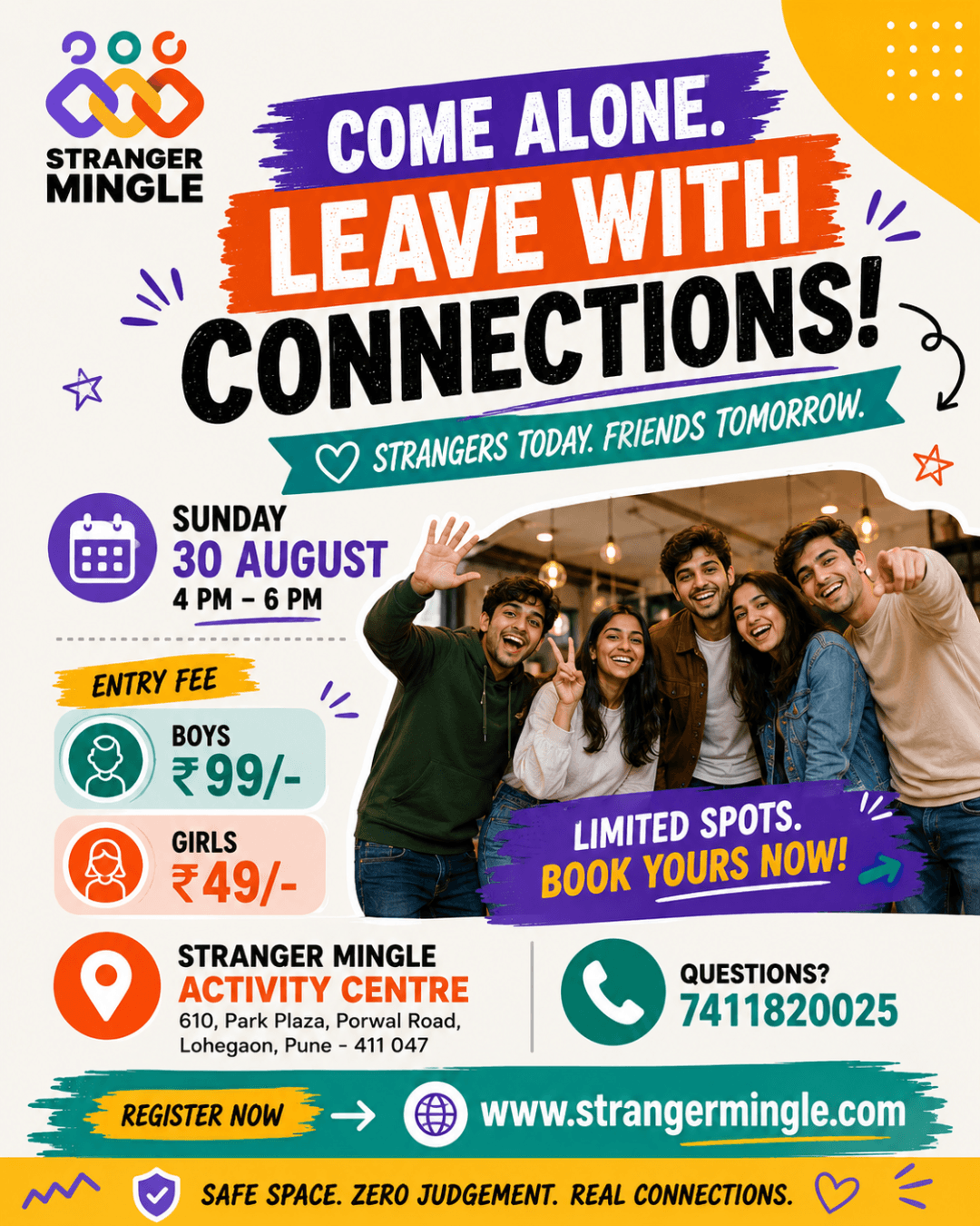 A event poster of Strangers Weekly Circle arranged by Stranger Mingle Community in Lohegaon, Pune. The event date is Sunday 29 August 2026 at 4pm