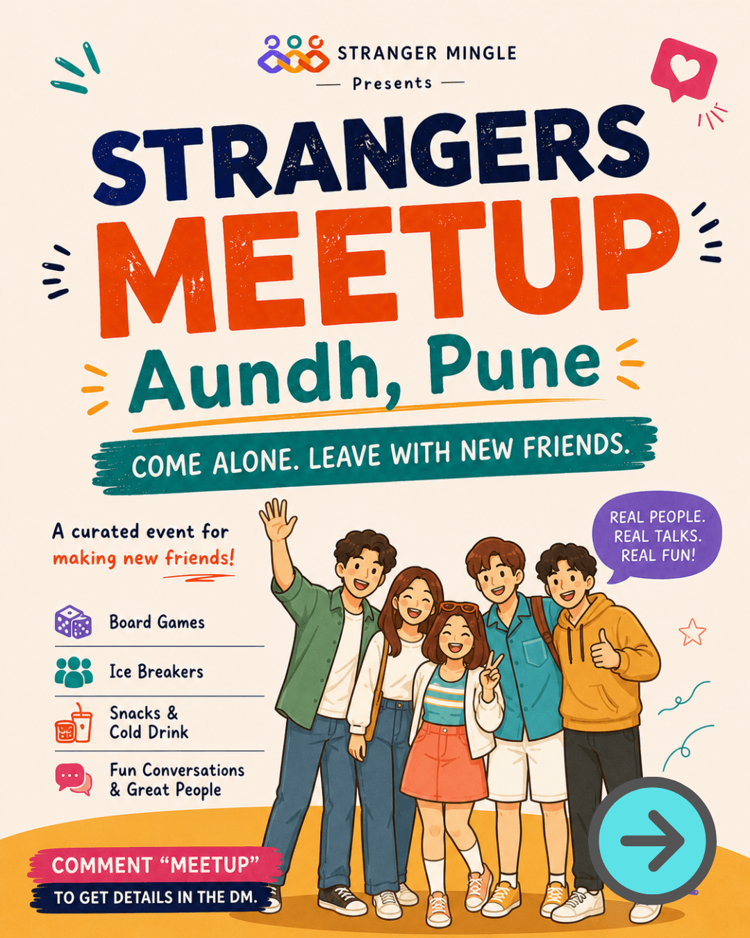 Strangers Meetup poster featuring friends enjoying board games and conversations.