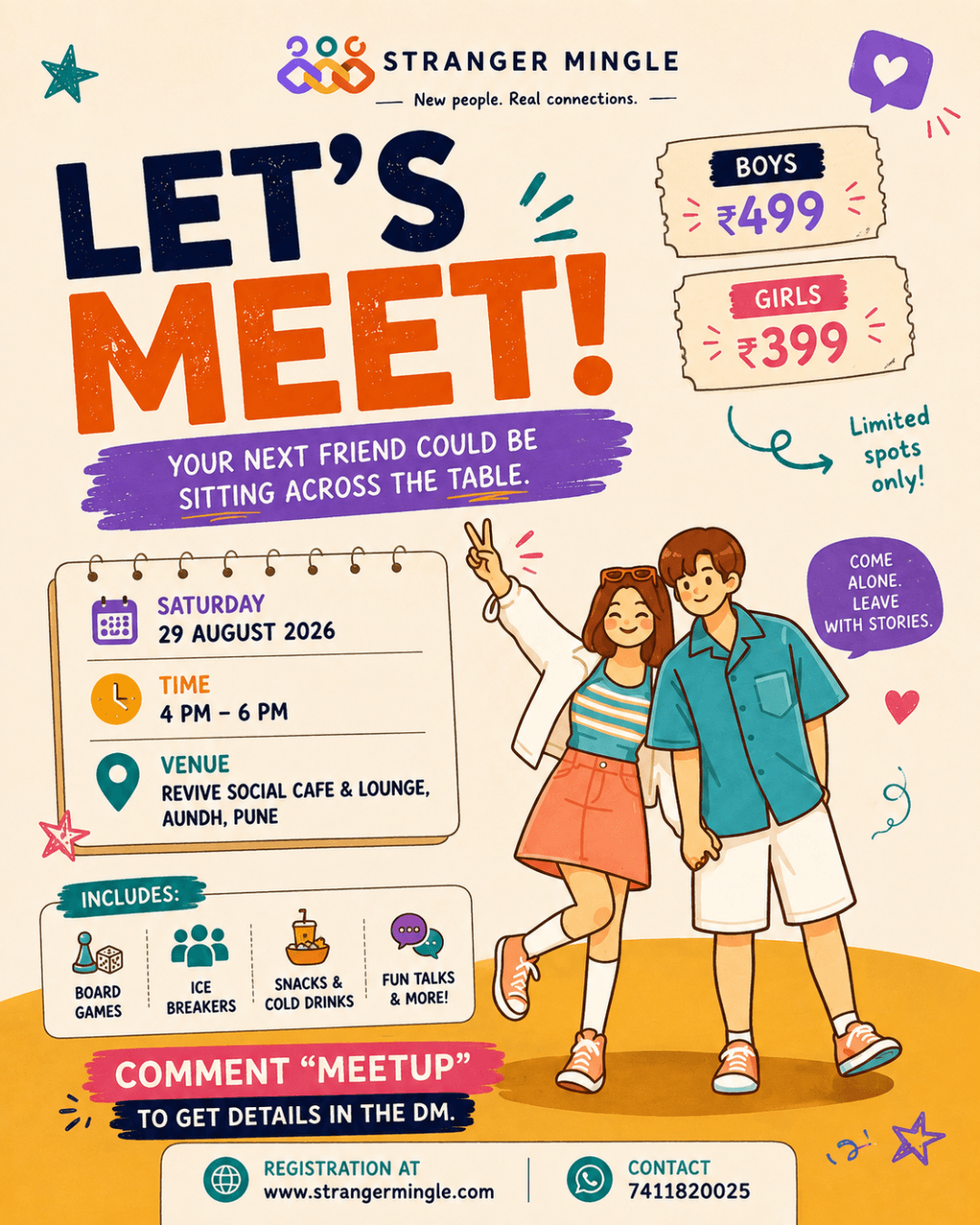 Strangers Meetup poster featuring friends enjoying board games and conversations.