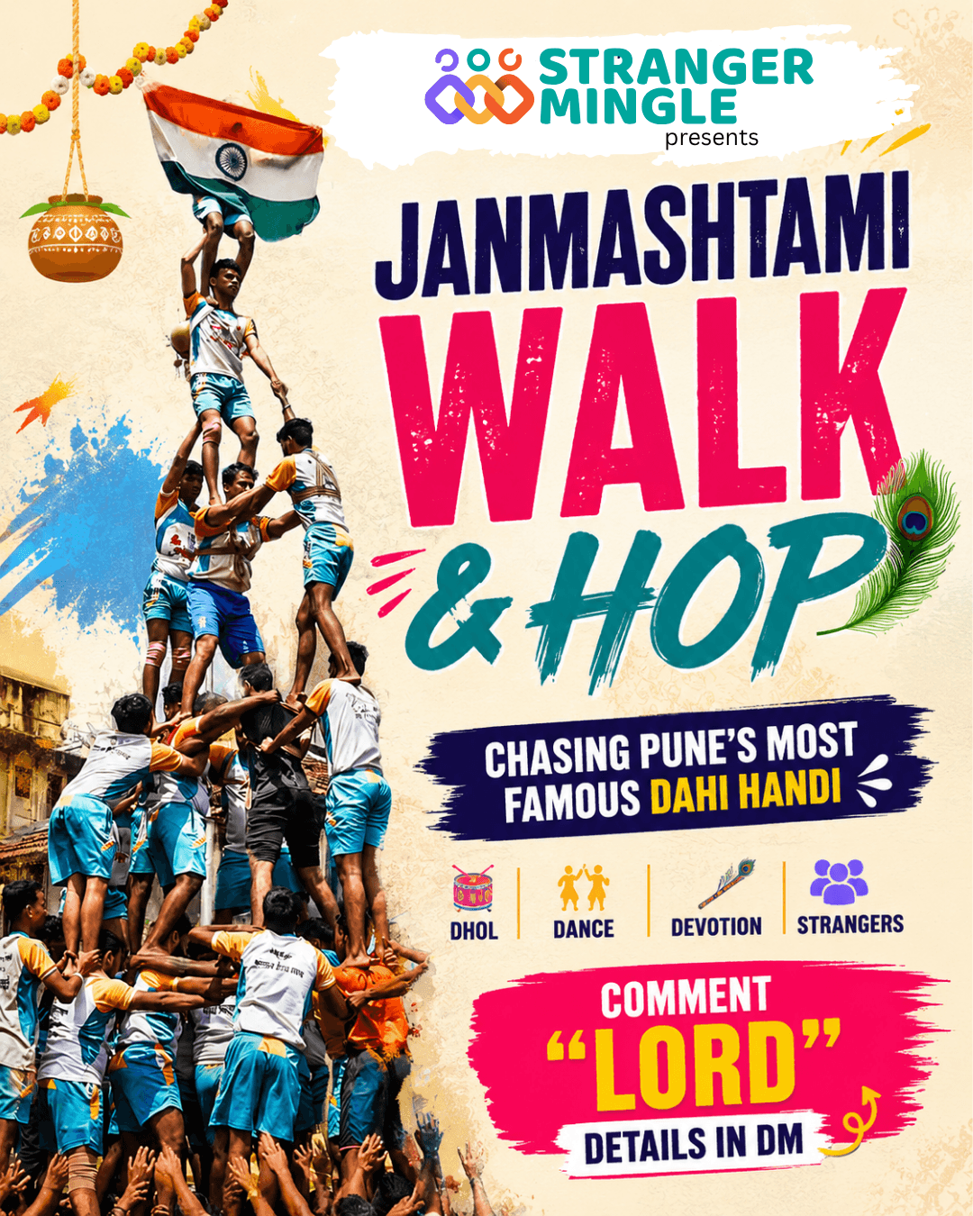 Janmashtami Walk & Hop by Stranger Mingle in Pune. Event details show GoodLuck Chowk, FC Rd, Deccan, Pune, 6 PM onwards, 4 Sept 2026, with a safe group-walking message for girls coming solo