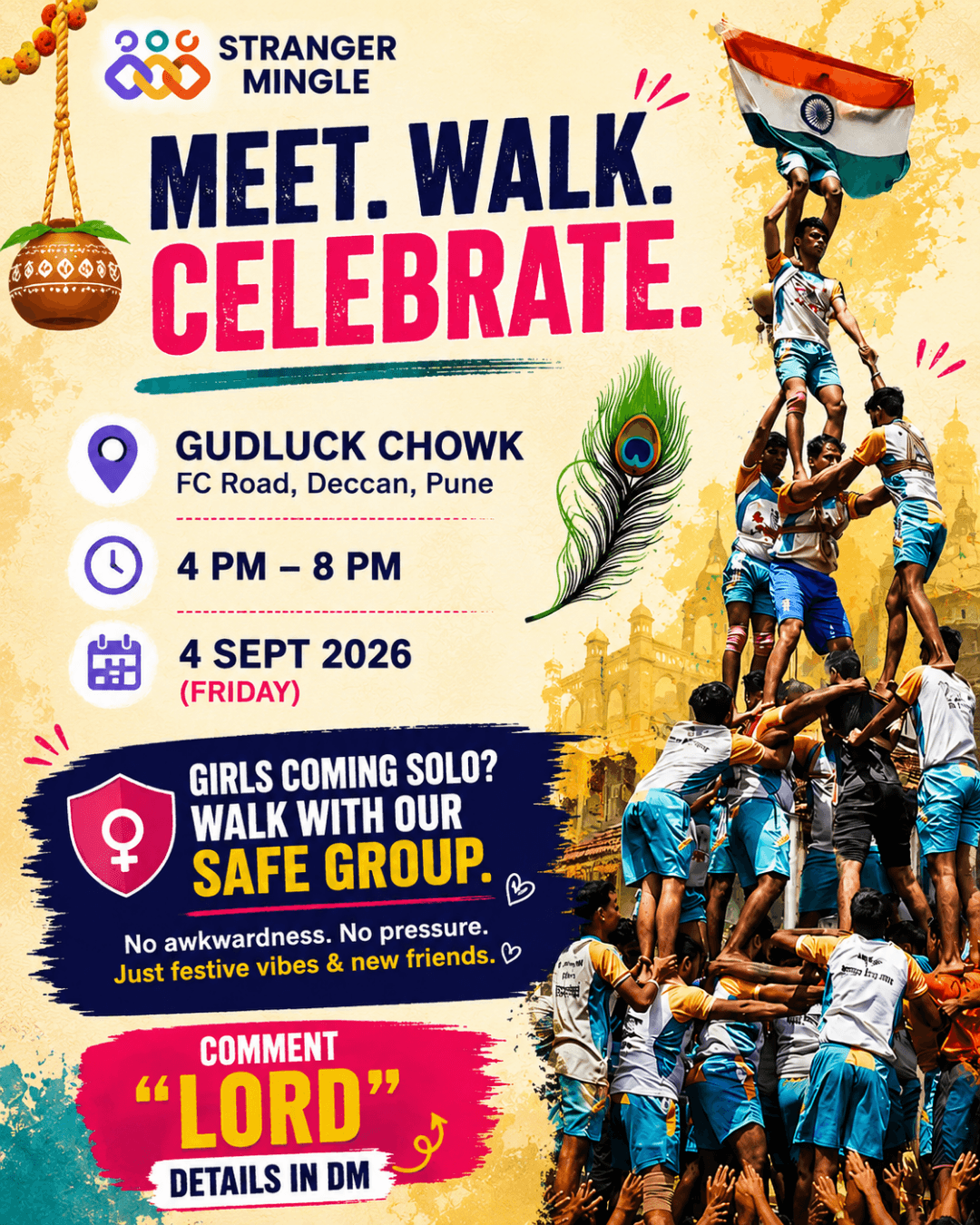 Janmashtami Walk & Hop by Stranger Mingle in Pune. Event details show GoodLuck Chowk, FC Rd, Deccan, Pune, 6 PM onwards, 4 Sept 2026, with a safe group-walking message for girls coming solo