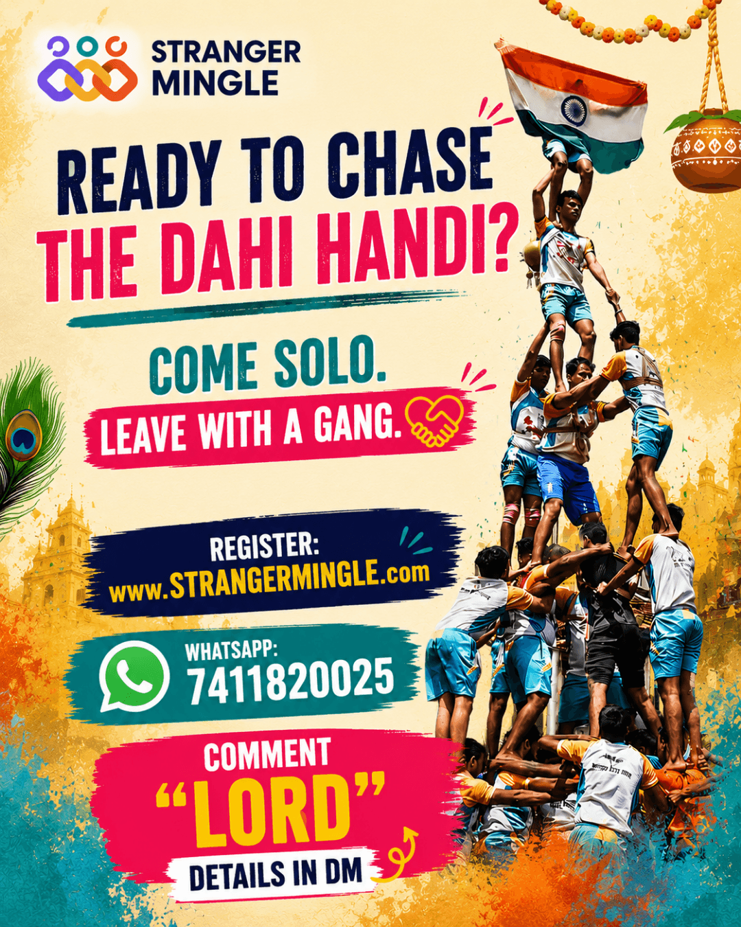 Janmashtami Walk & Hop by Stranger Mingle in Pune. Event details show GoodLuck Chowk, FC Rd, Deccan, Pune, 6 PM onwards, 4 Sept 2026, with a safe group-walking message for girls coming solo